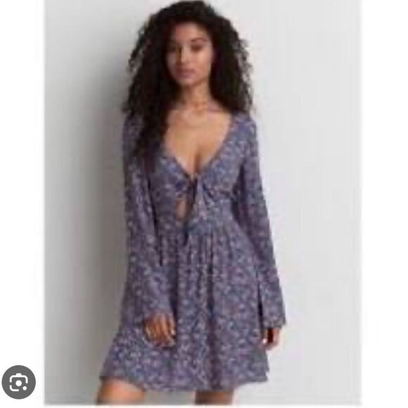 American Eagle Outfitters Floral Front Tie Long Sleeves Dress - Picture 1 of 9